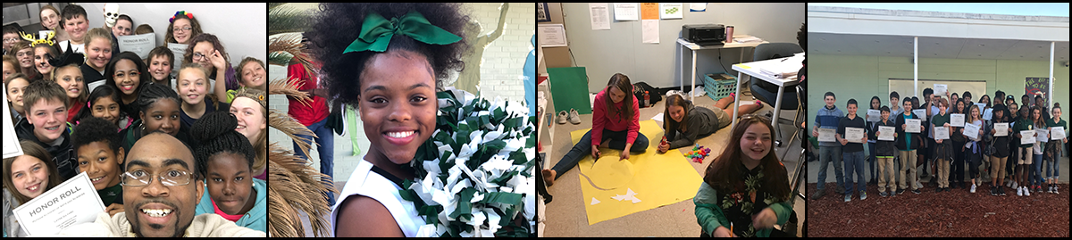 Teacher poses with students, cheerleader poses with pompoms, students sit on the floor and students pose with certificates